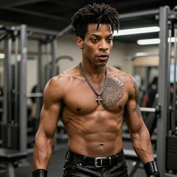 the artist formerly know as Prince with the physique of a body builder, realistic, detailed, cinematic, dynamic lighting, photorealistic, refined, intricate, digital art, background a gym, masterpiece, 8k