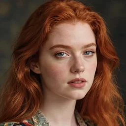 hyper realistic photography beautiful girl, face tamzin merchant, red hair, style division, camille pissarro,