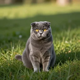 a dark gray scottish fold cat, dark grey fur, yellow eyes, sitting in the middle of sunny meadow, by leonid afremov