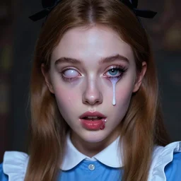 lazy eye melting hyper realistic photograph of pretty girl, lighting alice in wonderland, dj face, artgerm, ilya kuvshinov