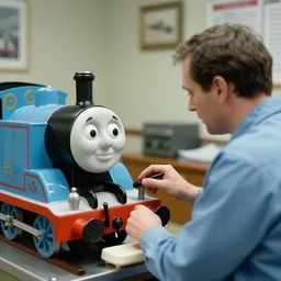 thomas the tank engine in a psychotherapist's office confesses his greatest sins, photorealistic, kodak film