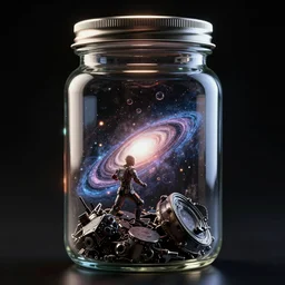 galactic war inside a glass jar, with a metal lid, black background, back light, intricate, highly detailed, volumetric lighting, hyper realistic, octane render 8 k, specular highlights, reflections, subsurface scattering, artstation, cgsociety, inspired by famous artists