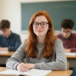 teen with red hair wearing glasses in a classroom, portrait