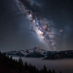 a beautiful double exposure of a deep field astrophotography image by hubble in the sky, and a night time view of mountains, mist, snow, lpoty, award winning, apod, low noise, detailed, sharp