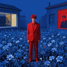 blue theme, a single male in red suit standing inside of a field of blue flowers, in the style of beksinski, parts by edward hopper, parts by rodcenko, parts by yue minjun, intricate and epic composition, red by caravaggio, insanely quality, highly detailed, masterpiece, red light, artstation