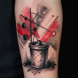 photorealistic tattoo of kandinsky style in trash polka style, fine drawing red and black thin strokes