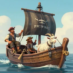 a goat in a pirate boat nearby by greg rutkowski and thomas kinkade, trending on artstation, 3 d render octane