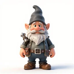 stoic gnome inventor with gadgets, stylized pixar-style 3d render, full body, standing, isolated on a pure white background, centered, whole figure in frame, sharp focus, studio lighting