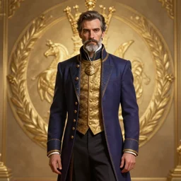 centered detailed long shot character concept of a distinguished gentleman with a salt and pepper goatee, realistic character concept, elegant proportions, vibrant colours, elegant pose, fantasy, illustration, slender symmetrical face and body, artstation, cinematic lighting, hyperdetailed, cgsociety, 8k Resolution, high resolution, Charlie Bowater, Tom Bagshaw, Tom Richmond, insanely detailed and intricate, beautiful, elegant, golden ratio, royal insignia in background