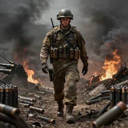 soldier in ammunition walk through hell. art, extremely high details, realistic, masterpiece, artstation contest winner