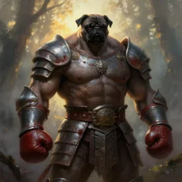 artstation oil painting portrait by frazetta , backlight epic pose muscular dark  mutant oversized pug powerlifter with boxing gloves is wearing bloody medieval armor , moody forest foggy background and sunset backlight