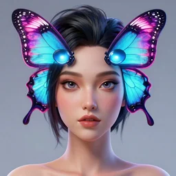 a 3 d model of an exotic beautiful woman with a neon butterfly head, fixed eyes, perfect eyes, perfect symmetrical lips, unreal engine, cinema 4 d, intricate details, 8 k, ultra realistic, super detailed, octane, ray tracing, artstation, beeple, 3 d model, style of uncharted
