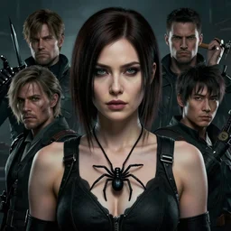 A portrait of a women wearing a spider pendent by Greg Rutkowski, Sung Choi, Mitchell Mohrhauser, Maciej Kuciara, Johnson Ting, Maxim Verehin, Peter Konig, Resident evil , 8k photorealistic, cinematic lighting, HD, high details, dramatic, atmospheric , trending on artstation