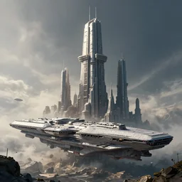 cinematic scifi render of a 3 d sculpt of a cyberpunk john harris aircraft carrier megalithic tower structure city, beeple, halo, star wars, ilm, star citizen, halo, mass effect, high tech industrial, artstation unreal, dramatic powerful sky