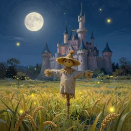 A beautiful painting of a paintingwlop fairy tale,The soft moonlight in the night sky and the flying fireflies,stars,majestic castle,a scarecrow in a straw hat stood in the middle of the paddy field,fireflies are dancing in the air, rivers, country roads,paper airplanes,fairyland,Thomas Kinkade and Caleb Worcester,unreal engine,artstation