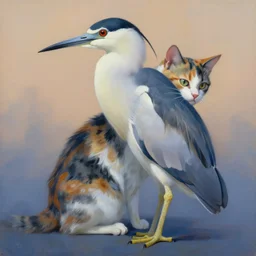 painting of hybrid between night heron and calico cat, intercrossed animal, mixture animal, by zdzislaw beksinski, by tiffany bozic, by chris buzelli, cold hues, warm tone gradient background, concept art, beautiful composition, digital painting