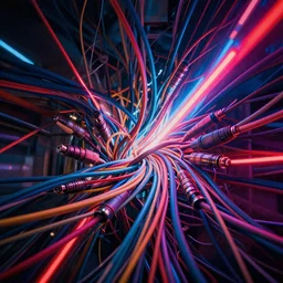 mess of colorful cables, graphic art, cinematic lightning, neon lights