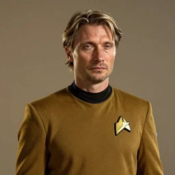 portrait of Mads Mikkelsen wearing his starfleet captains uniform, realistic character concept, high fantasy, light atmosphere, golden ratio, cinematic lighting, hyperdetailed, high resolution, insanely detailed and intricate, artstation, Marc Simonetti, Greg Rutkowski