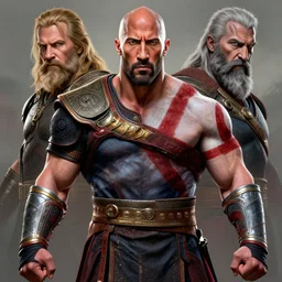 a highly detailed beautiful portrait of dwayne johnson as kratos symmetric!!!!!, by gregory manchess, james gurney, james jean