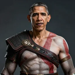 portrait of barack obama!! obama!! as kratos in god of war, movie still, cinematic lighting, ray tracing, octane render, long lens, shallow depth of field, bokeh, anamorphic lens flare, 8 k, hyper detailed, 3 5 mm film grain