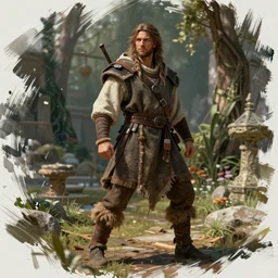 spitpaint brush strokes, linear gamma, dynamic pose ,natural light, dissolution filter ,turbulence filter, costume design made by nordic tribes, sophisticated composition, old masters light composition, procedurally generated, epic human character posing for concept art, beautiful ancient garden behind, substance designer, PBR, HD, Ultra detailed, hyperrealistic, megascans, volumetric light, concept by master artist, made in paint tool SAI2, trending pixiv face