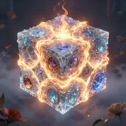 symmetry!! close - up a huge wind fire thunder ice hybrid magic cube of elements in the mist, floral!, elegant, highly detailed, magic surge, intricate, unreal engine 5, concept art ， by greg rutkowski, loish, highly rendered, digital painting, artstation hq