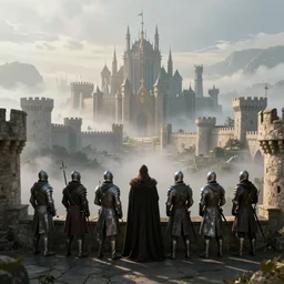 ten medieval soldiers atop a castle wall looking over a vast medieval kingdom rule by an evil king. it is a quiet morning. mist, epic, cinematic, volumetric lighting, symmetry, fantasy style, highly - detailed, unreal 5, realism