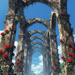 comic artwork cover by makoto shinkai of broken arches leading to the pillars of eternity draped with red flowers and vines, blue sky, lens flare, a sense of mystery, cinematic, ultra detailed, intricate, sharp focus, trending on artstation, 8K