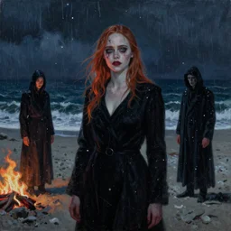 Elle Fanning with a creepy cult at night in the world of Edward Hopper, stormy snowy weather, beach, fire, black robes, extremely detailed masterpiece, oil on canvas, low-key neon lighting, artstation, Blade Runner 2049, Roger Deakin’s cinematography, by J. C. Leyendecker and Peter Paul Rubens,