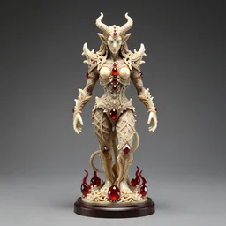 award statue for best demon, occult inspired, grimdark gothic filigree rococo styling, made of polished faceted ivory, faceted red jasper accents, infernal, museum lighting