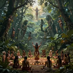 a shamanic ceremony in the jungle, invoking spirits faces in the sky, matte painting, art by christophe vacher
