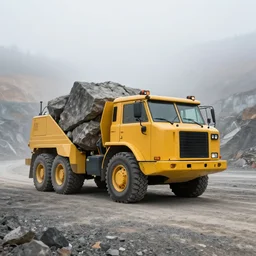 caterpillar rock truck in foggy quarry,