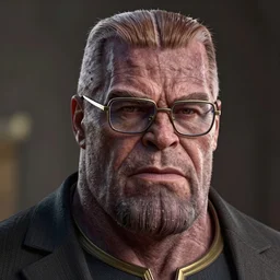 photo portrait of a handsome thanos with straight brown slicked back hair while wearing thick rimmed glasses and an expensive suit, realistic, hyperrealistic, 8 k resolution, hd quality, very detailed, highly detailed, intricate details, real life, real world, trending on artstation, digital art, really realistic, very realistic, headshot, head in frame, photograph, portrait
