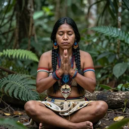 a beautiful portrait of an amazonian shaman healer sitting in the jungle, doing a prayer, ayahuasca
