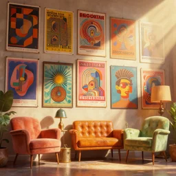 a wall of retro and vintage items, funky groovy posters 7 0 s, abstract art deco furnature, highly detailed digital painting, concept art by yongfei liu, alben tan, vance kocas, octane rendered, low angle, god rays, cg society, unreal engine