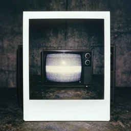 dark concrete room with a tv on the ground, the tv has a face obscured by static on a dark background, creepy, eerie, old polaroid, expired film,