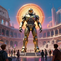 gigantic utopian halo master chief statue surrounded by a crowd of people in a retrofuture colosseum by ralph horsley, rossdraws, matte painting, stylized background, wlop, artgerm, cinematic lighting, maya, pixar, unreal engine, artstation