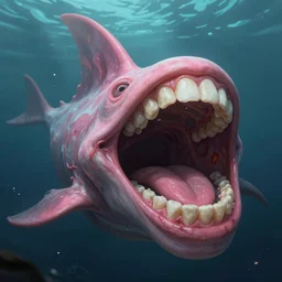 d & d fantasy art, a huge human mouth with large flat teeth, large dorsal fins swimming through a dark ocean, pink skin, sinew, concept art, character art, horror