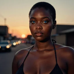 portrait face of a curvy beautiful gorgeous black edgy model girl with short hair, bikini, big leaps, blue eyes, she's sad, sunset, street of africa at night, 8 0 mm lens, 1. 2 aperture, grainy image, close up, cinematic light, 8 k, 4 k, very detailed, depressing atmosphere, cover magazine