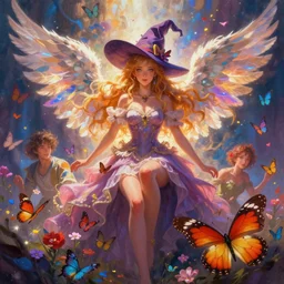 wonderdream witch lady feather wing digital art painting fantasy bloom vibrant style mullins craig and keane glen and apterus sabbas and guay rebecca and demizu posuka illustration character design concept colorful joy atmospheric lighting butterfly,