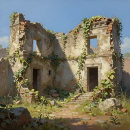 land of ruins, sweltering heat, vines, extremely detailed oil painting, unreal 5 render, digital art, landscape painting, octane render, beautiful composition, trending on artstation, award winning photograph, masterpiece