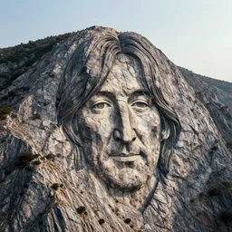bird view of a mountain with a huge face of john lennon carved in the rock, photorealistic, cinematic
