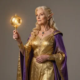 elegant half - elf woman in noble golden and purple garb, elderly woman, golden hair, wearing a gold sphere talisman of illumination