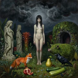 realistic painting of black drippy oily sky, a witches garden, tall emo girl, stone sculptures, a fox, a pear, dark clouds, topiary pigs, dark caves, pomegranate, bromeliads, herbs, raven, courgettes, berries, zen, sensual, surrealist painting by magritte and monet and rousseau