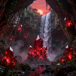 a beautiful and stunning digital render of a humongous ruby cave, dimly glowing crystals, vines, haze, waterfall, volumetric lighting, photorealistic, red sky, sunset, unreal engine 5, ultra detail, trending on artstation