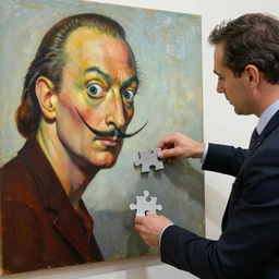 a professional photo of a man putting the last puzzle piece, oil painting by salvador dali