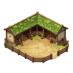isometric medieval horse stable with green roof and with corral, on white background, artstation