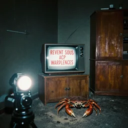 Photograph of an old black room with a TV playing an emergency warning while a sleep paralysis demon crabwalks around, dust in the air, brown wood cabinets, SCP, taken using a film camera with 35mm expired film, bright camera flash enabled, award winning photograph, sleep paralysis demon crabwalking towards camera, creepy, liminal space, in the style of the movie Pulse