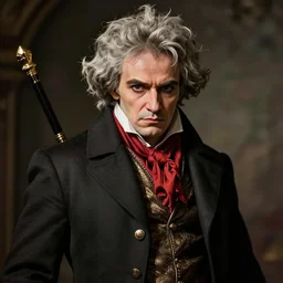Beethoven as a character in Devil May Cry, film still, photorealistic, full shot
