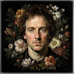 portrait of bill murray with floral background on black paper : : by elena masci, nychos, giuseppe arcimboldo, melanie delon : : digital art, portrait, illustration, photorealism, hyperrealism, hyper - maximalist, surrealism, negative space, intricate detail, muted, natural tones, weta, wlop, deviantart, imaginefx